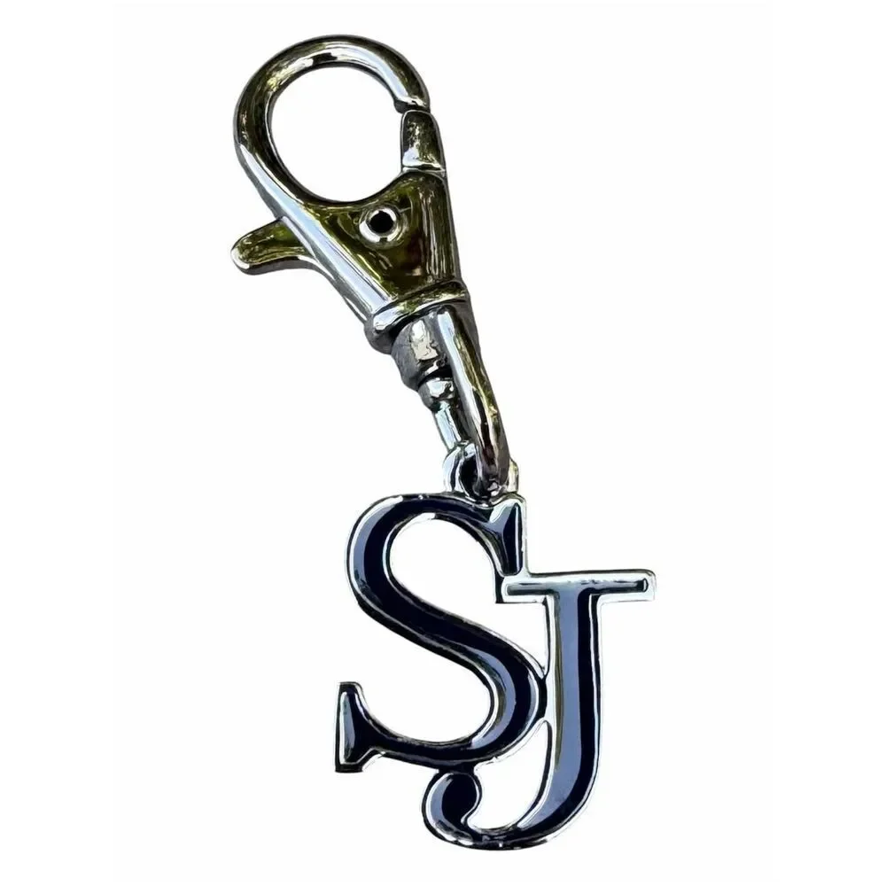 St. John Knits Silver & Black Enamel Letter Logo Keychain/Bag Charm New Designer